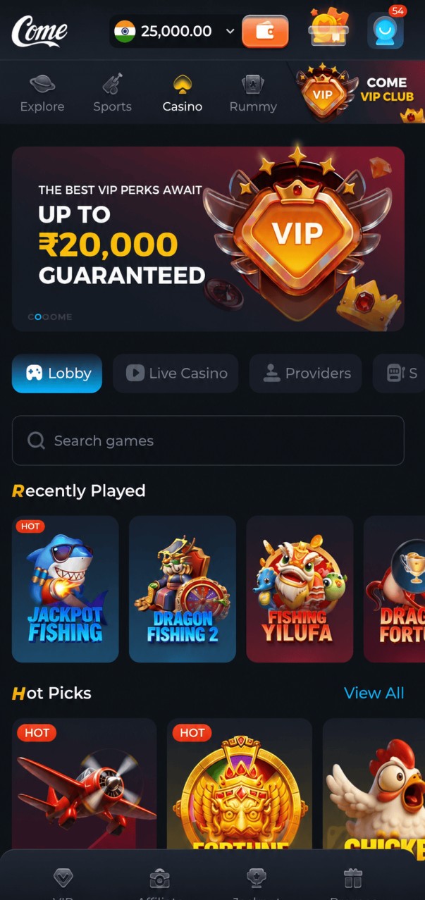 COME APK official Come Game app on an Android phone